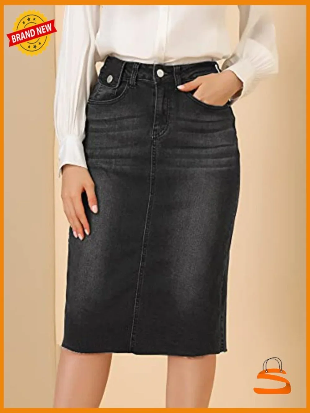 High Waist Denim Midi Skirt Back Slit Raw Hem Stretch Casual